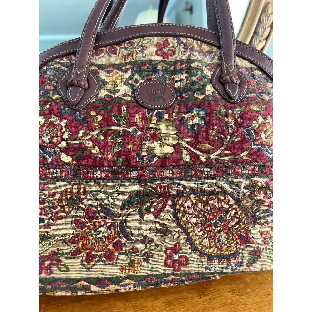 Vintage Liz Claiborne Tapestry Clamshell Satchel Purse Floral Woven Leather Trim - Picture 5 of 13